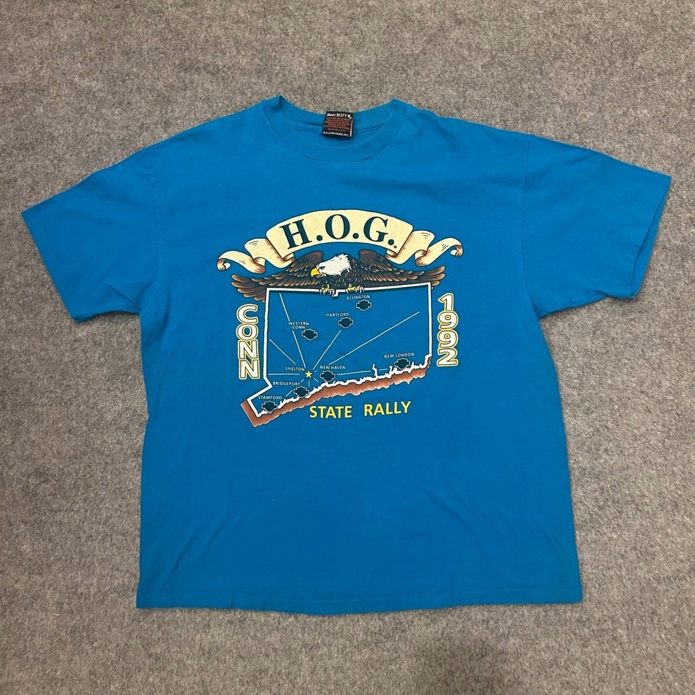 Vintage 90s Harley Davidson H.O.G Conn State Rally 1992 Single Stitch T Shirt XL
